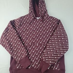 Vintage Champion Reverse Weave AOP Maroon Hoodie with Logo Pattern